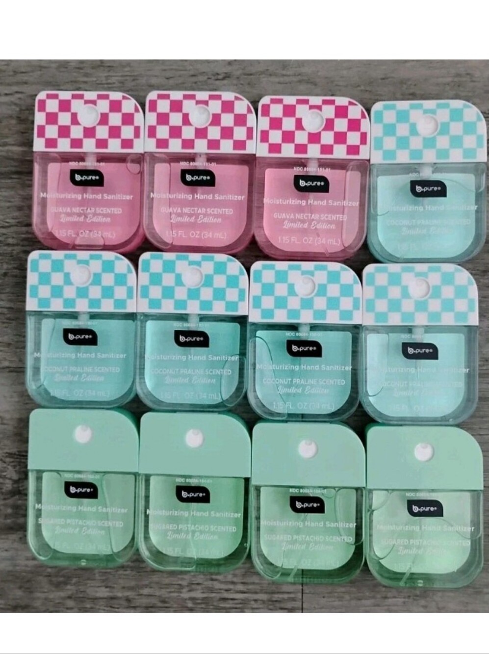 bpure Moisturizing Hand Sanitizer Coconut Praline Guava Nectar Pistacio LOT 12